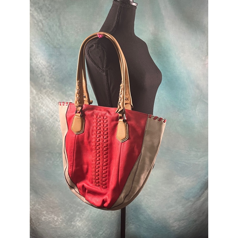 Oryany Lysse Red Beige Leather Tote Bag Braided Handles Woven Large Shoulder Bag - Picture 9 of 10